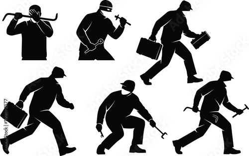 Black silhouette construction workers set with tools isolated on white background, labor action poses, cad drawing flat vector illustration