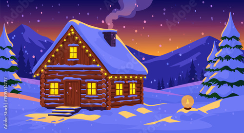 Cozy Winter Log Cabin Scene with Snow and Mountain Background - Vector Illustration