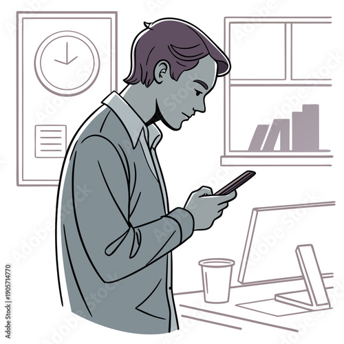 Office worker distracted by phone at desk distraction