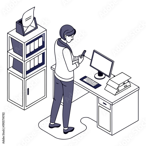 Office worker distracted by phone at desk with computer and files