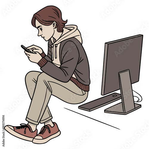 Seated person in hoodie ignores computer to use smartphone