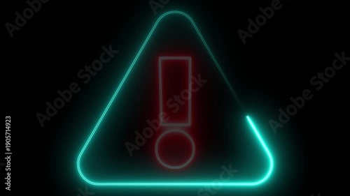 glowing light neon red and cyan color warning attention icon animation danger risk hazard alert road warning sign stop error signal emergency problem issue important sign symbol on black background	