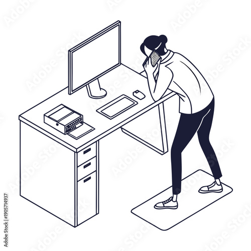 Woman leaning on desk in front of computer monitor and keyboard