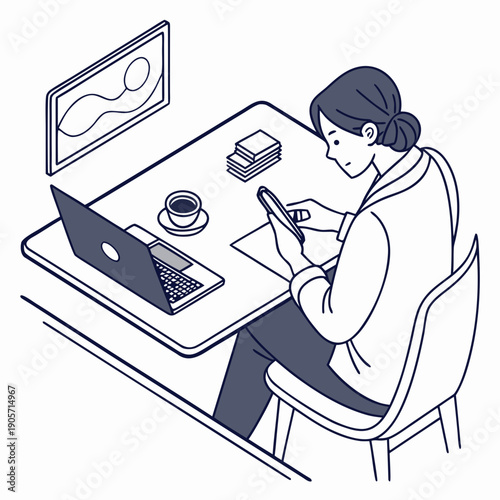 Woman sitting at desk absorbed in phone with laptop and coffee cup