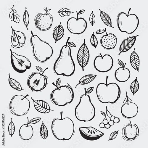 Seamless pattern set of healthy vegetarian food icons including apple, lemon, banana, strawberry, and tomato vector illustrations with fruits and vegetables for organic symbols
