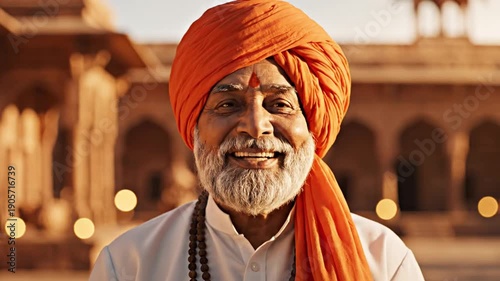 Smiling senior Indian man in traditional turban at Hindu temple