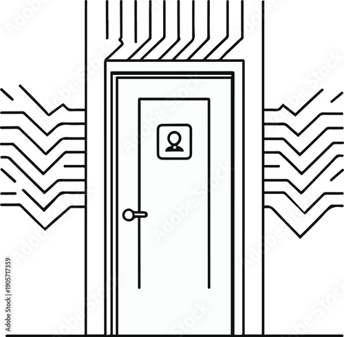 Vector line illustration of a door sign emitting blocked signal lines, meeting room occupied concept, clean outline, white background 1
