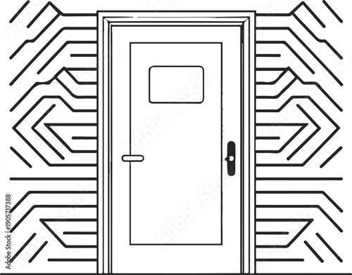 Vector line illustration of a door sign emitting blocked signal lines, meeting room occupied concept, clean outline, white background 2