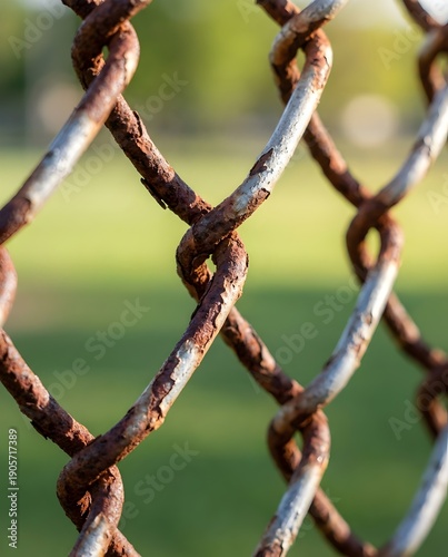 Macro shot of rusty chain-link fence wire at old baseball field with green grass bokeh