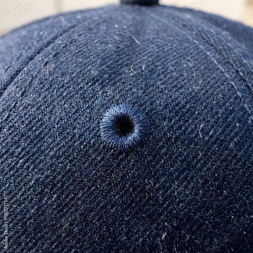 Macro texture of professional baseball cap wool fabric with embroidered ventilation eyelet