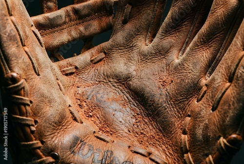 Macro photography of worn brown leather baseball glove pocket with embedded red infield dirt