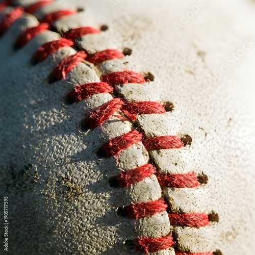 Extreme macro close-up of red baseball stitching seams on white cowhide leather texture