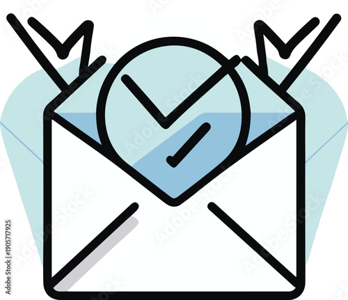 Clean vector line art of an open envelope emitting double check signals, email read receipt concept, flat UI icon design 3