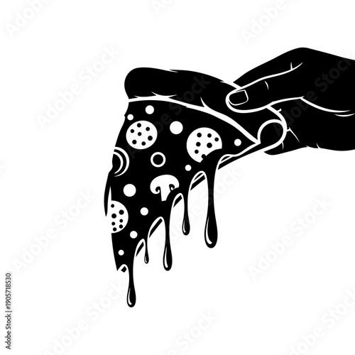 Silhouette hand holding pizza slice, centered view, black‑white illustration