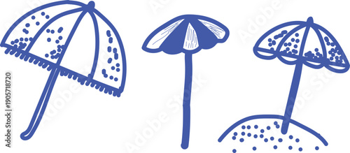 Collection of three blue ink-style hand drawn beach umbrellas and parasols with dotted textures isolated on a white background for summer vacation design elements