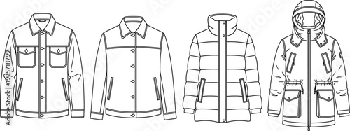 Black Line Art Illustration Set of Technical Outerwear and Winter Jackets Featuring Denim Style Coat Puffer Jacket and Hooded Parka for Seasonal Fashion Design