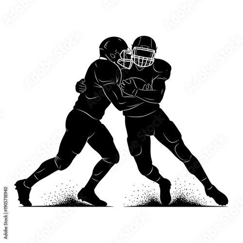 Silhouette football players with helmets grappling on field, black‑white illustration side view
