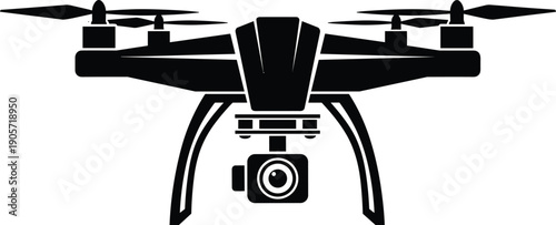 Black quadcopter drone vector illustration with integrated camera and landing gear isolated on white background for professional aerial photography concepts.