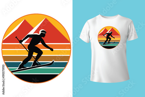 Dynamic black and white t shirt design featuring a snowboarder mid air against a mountain and forest landscape