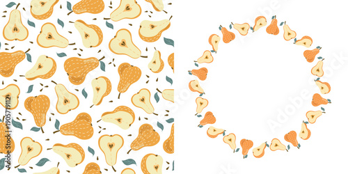 A set of backgrounds, frame, banner with pears. Seamless pattern. Hand-drawn fruits, slices, whole fruits with leaves. Vitamin-rich natural vegetarian food, garden crops, harvest. Wallpaper decor