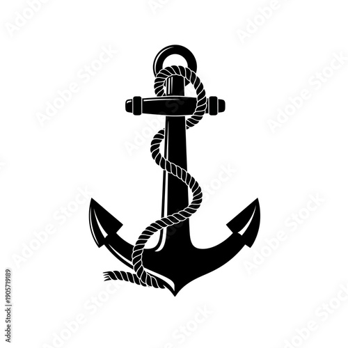 Silhouette Anchor with Rope on White Canvas - Minimalist Vector Illustration