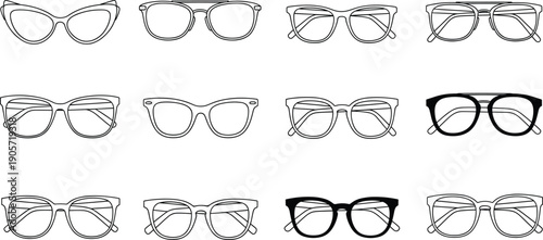 Black Line Art Illustration Set of Stylish Eyeglasses and Sunglasses Frames Featuring Various Shapes Including Cat Eye Aviator and Square Designs for Optician Branding