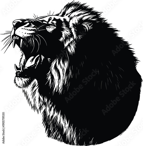 Furry lion's fierce roar illustration capturing majestic wildlife animal face with sharp teeth and powerful mane in black and white artwork