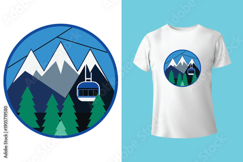 Dynamic black and white t shirt design featuring a snowboarder mid air against a mountain and forest landscape
