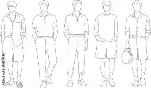 Black and White Line Art Illustration Set of Stylish Men Wearing Casual Outfits Including Polo Shirts Button Downs Shorts and Trousers for Modern Fashion Design