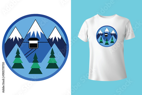 Dynamic black and white t shirt design featuring a snowboarder mid air against a mountain and forest landscape