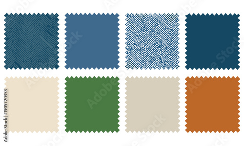 Collection of eight assorted fabric swatches in various colors and patterns suitable for interior design projects, showcasing different textures and hues for decorating purposes.