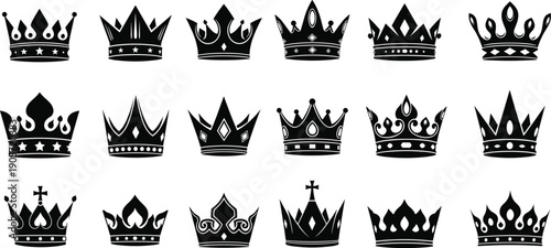 Sixteen Black Crown Silhouettes Collection Featuring Ornamental Royal Designs with Stars, Diamonds, Circles, Crosses, and Flame-Like Decorative Elements