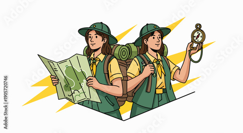 Two young women in green vests and hats, holding a map and compass, with a backpack, standing on a white background with yellow lightning bolts.