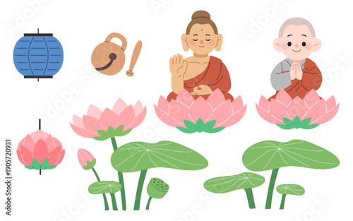 Collection of Buddhist elements including Buddha, little monk and lotus flowers