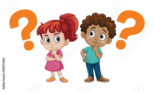 Cartoon illustration of two children standing together with puzzled expressions and question marks above their heads signifying curiosity and inquiry in a friendly and approachable manner for kids.