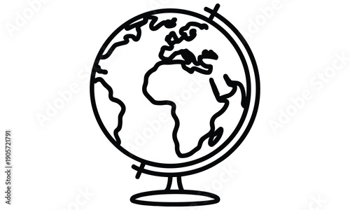 Simple black and white illustration of a globe on a stand focusing on the African continent and part of Europe and Asia