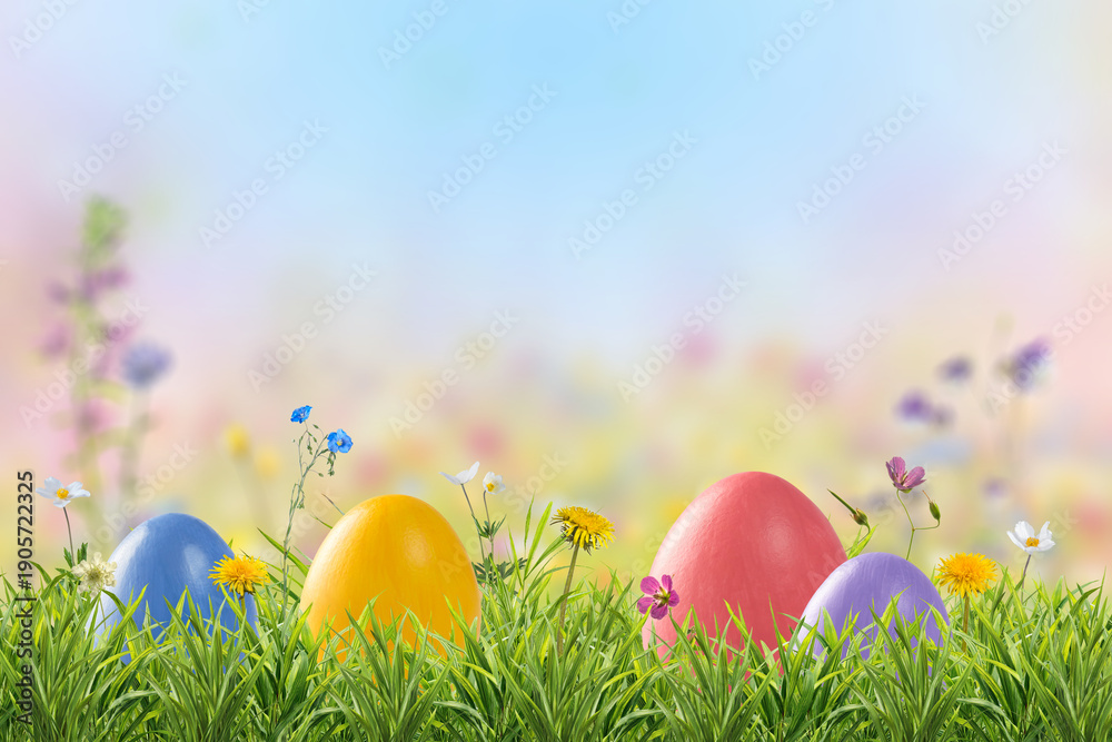 Fototapeta premium Holiday Easter card with colorful eggs in green grass and flowers