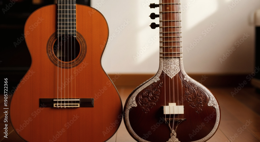 Fototapeta premium Acoustic Guitars and Ornate Stringed Instrument Side by Side
