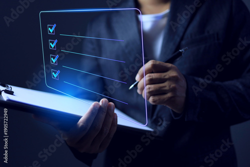 Bilde på lerret check list concept with a businessman holding clipboard and tick checkmark to co