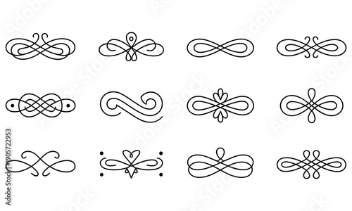 Collection of twelve unique black decorative flourish designs on white background in various styles and shapes perfect for branding and design projects