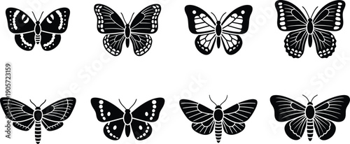 Butterfly icon set black and white illustrations of various butterfly species for design and decoration