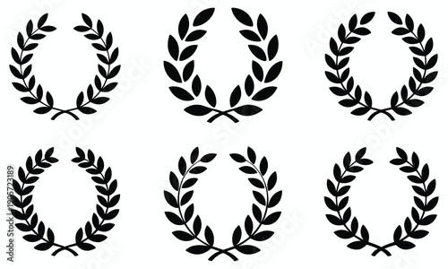 Collection of elegant laurel wreath designs in various styles and sizes on white background for awards and achievements