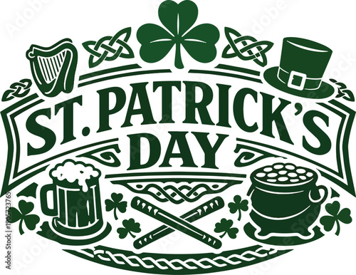 St. Patrick's Day Vintage Vector Emblem with Shamrock, Pot of Gold, Leprechaun Hat, and Beer Mug - Traditional Irish Holiday Design Elements