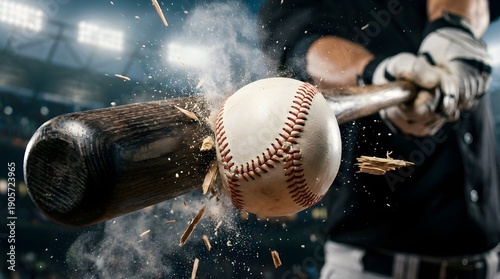 Extreme freeze-frame close-up of wooden baseball bat making impact with deforming ball and flying splinters