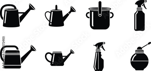Gardening tool icon set watering cans spray bottles and buckets for plant care and landscaping