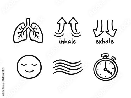 Set of hand-drawn icons for breathing exercises and mindfulness, including lungs, inhale, exhale, calm face, and timer.