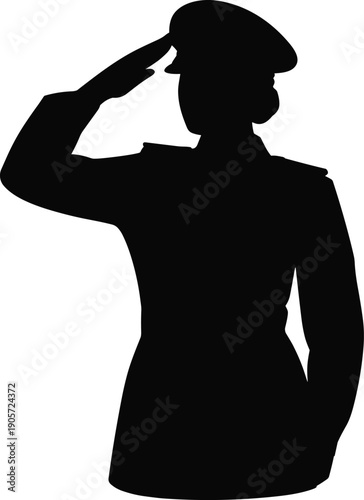 Black silhouette of a female military officer in uniform saluting with cap isolated on a clean white backgroun