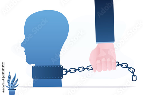 Giant hand holds chain attached to collar on human head silhouette. Concept of social or professional or corporate slavery, control and lack of personal freedom.