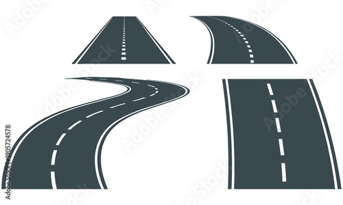 A collection of four different road segments with unique curves and perspectives, illustrated in a dark gray color on a white background, showcasing various road styles and designs for graphic use.