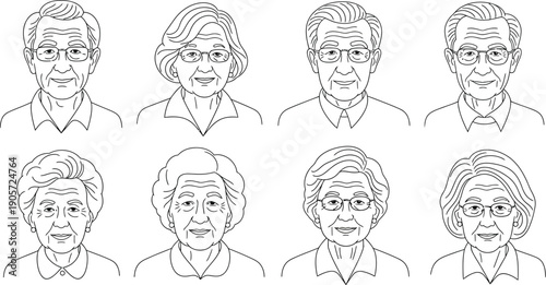 Collection of diverse senior citizen portraits featuring line art illustrations of elderly men and women wearing glasses smiling sweetly
